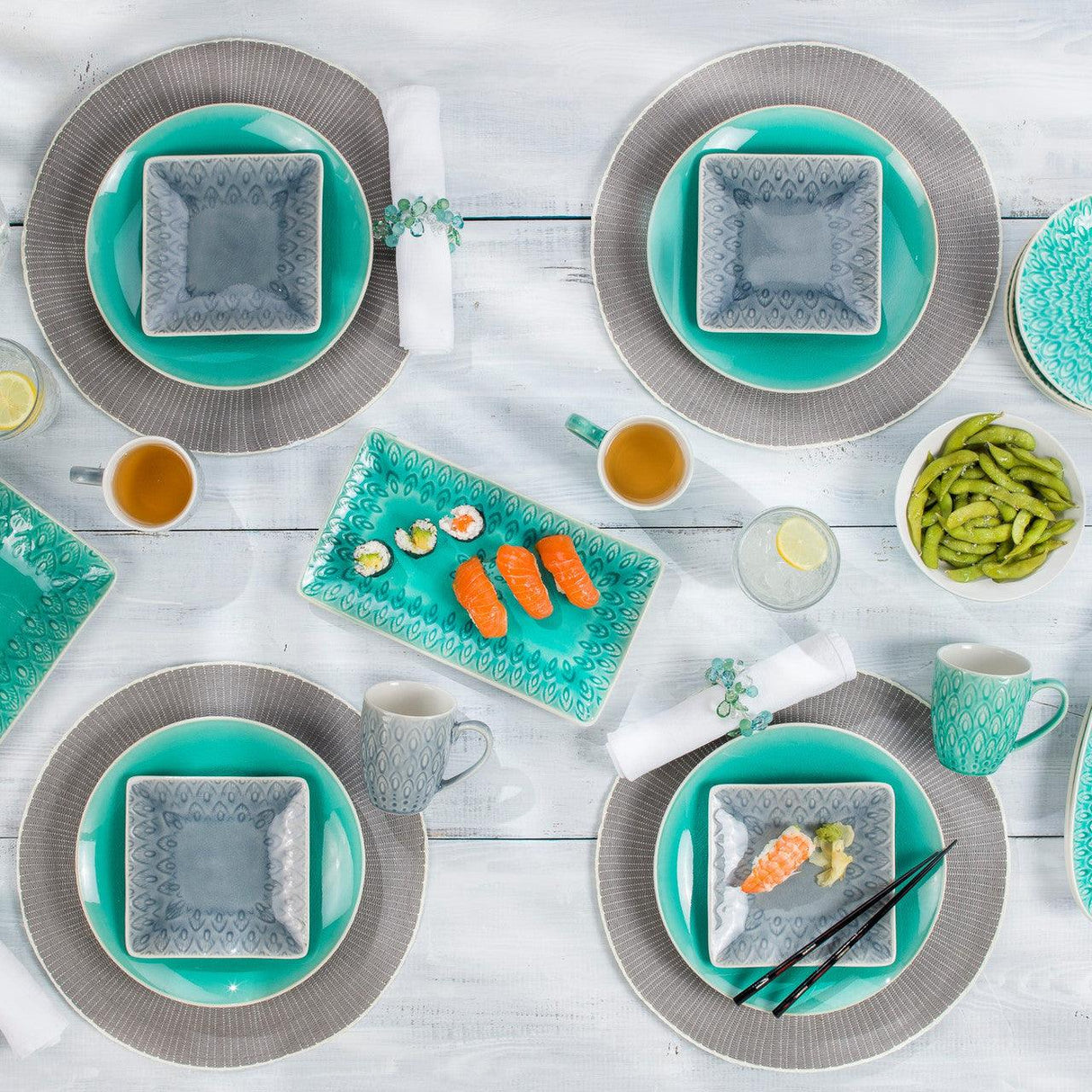 Peacock 6.5 Inch Square Appetizer Plate Set - Euro Ceramica