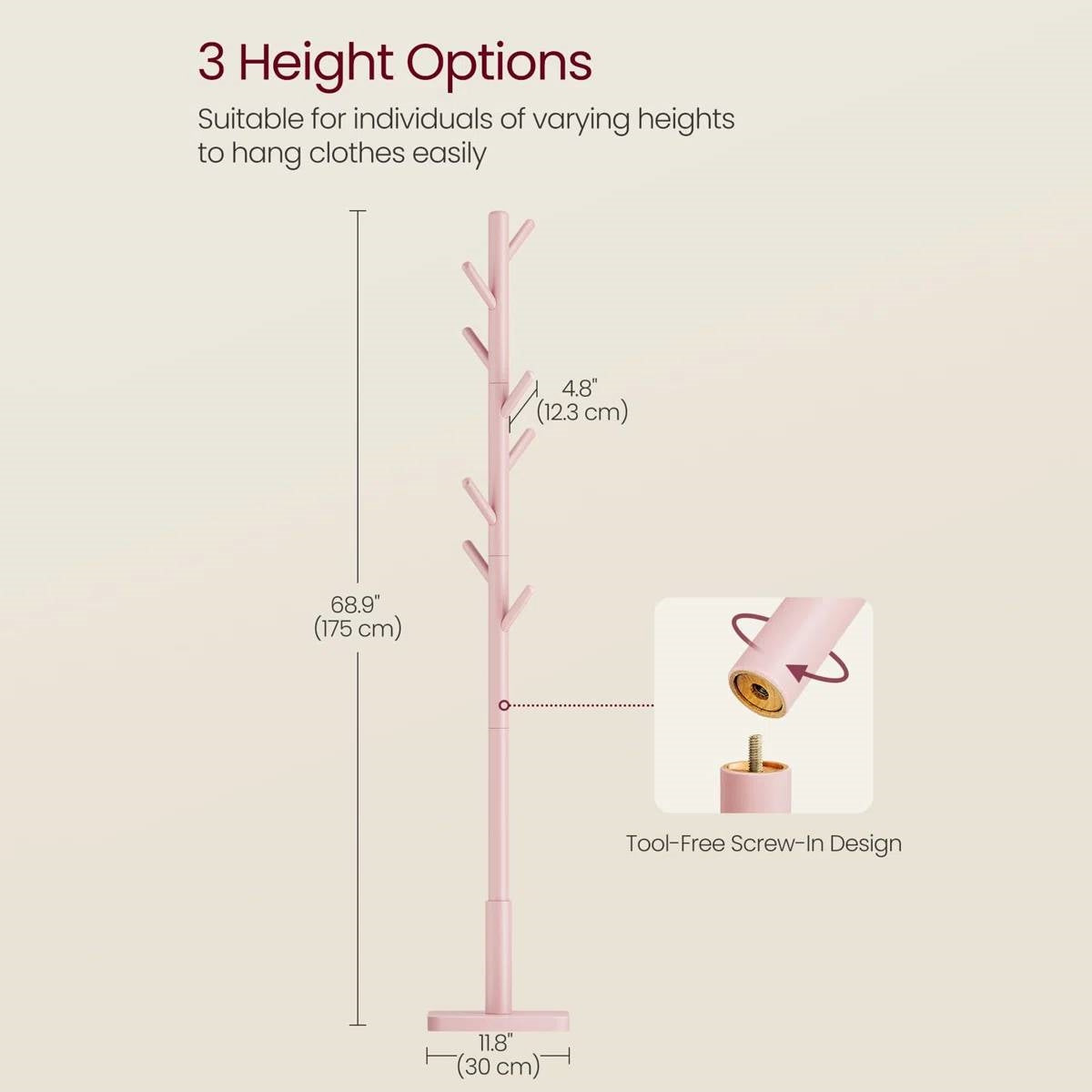 Modern Solid Wood Coat Rack Entryway Hall Tree Hat Stand in Pink