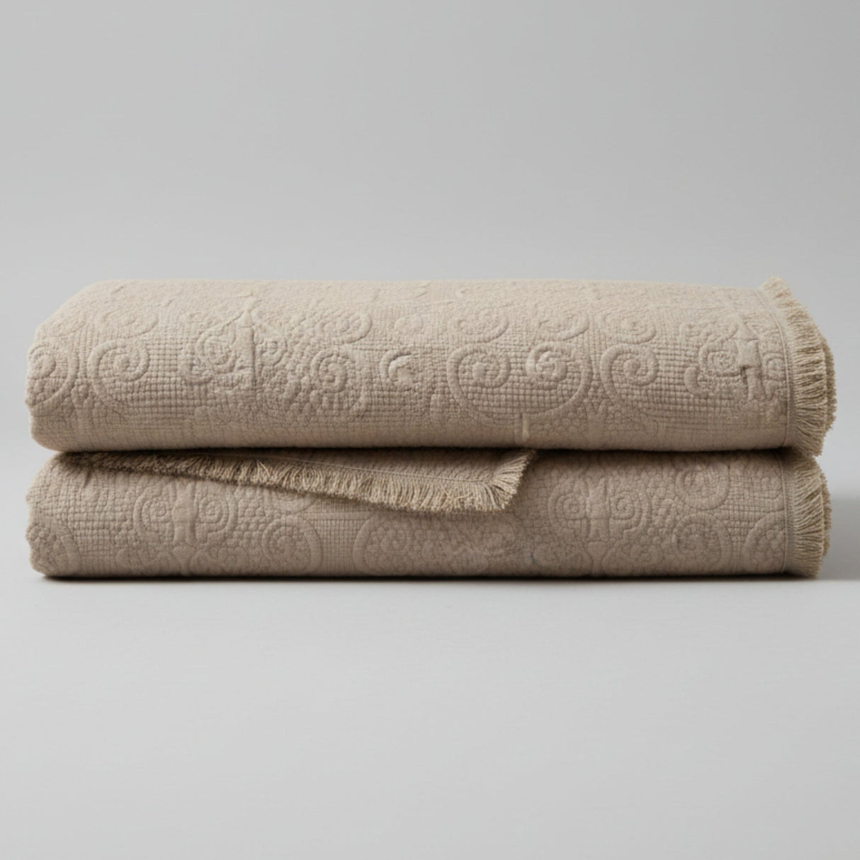 DaDa Bedding Elegant Fringed Cotton Quilted Throw Blanket - Luxurious Solid Soft Paisley Pattern, Cozy Lightweight Lap Throw, Perfect for Couch or Bed, Neutral Sandy Taupe Tan Beige, 50x60 Inches