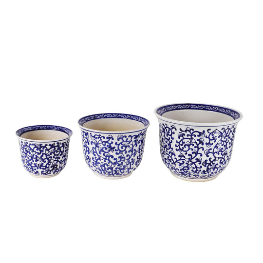 Florentine Vine Ceramic Planter Set – Blue & White (Set of 3)