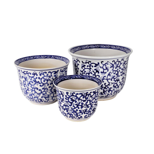 Florentine Vine Ceramic Planter Set – Blue & White (Set of 3)