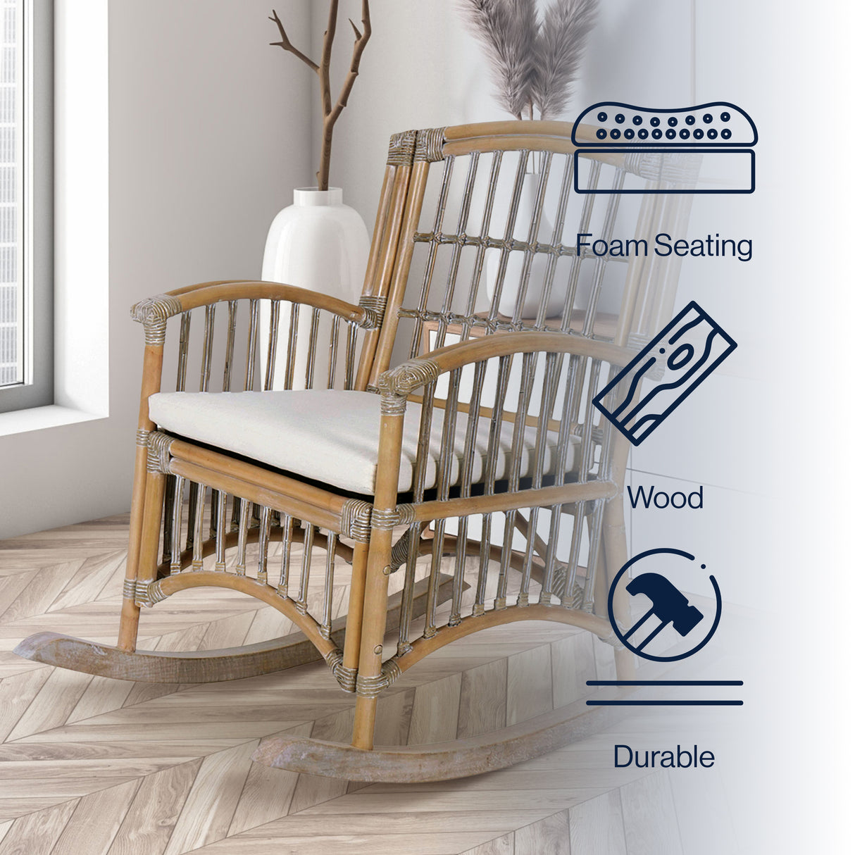 Swayze Bohemian Farmhouse Woven Rattan/Wood Rocking Chair
