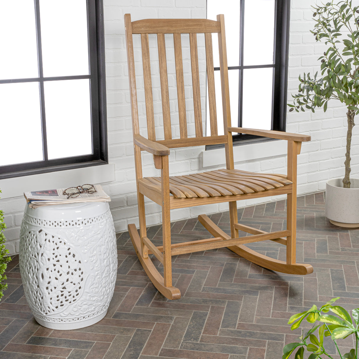 Seagrove farmhouse classic slat-back support acacia wood outdoor rocking chair