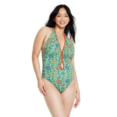 RHODE Women's Halter High Leg Cheeky One Piece Swimsuit V-Neck Swimwear