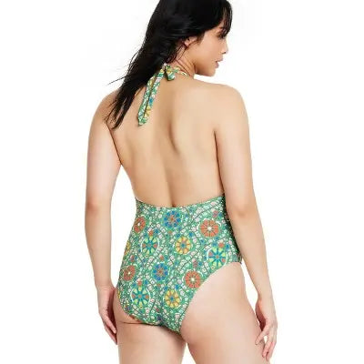 RHODE Women's Halter High Leg Cheeky One Piece Swimsuit V-Neck Swimwear