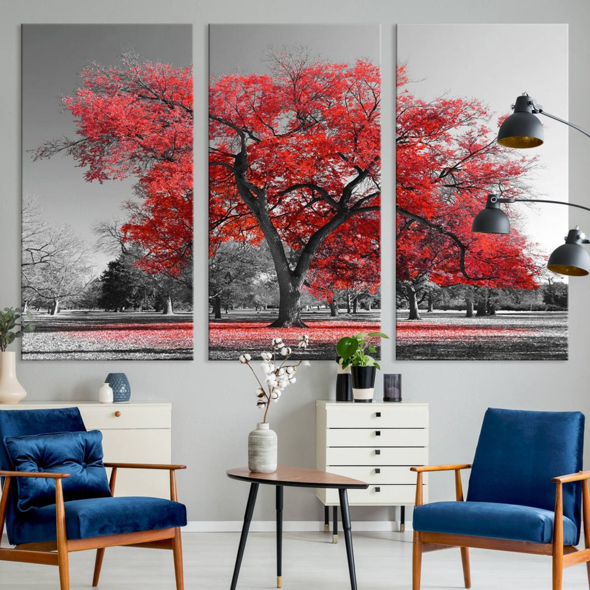 Red Autumn Tree Canvas Wall Art Print Autumn Art Black and