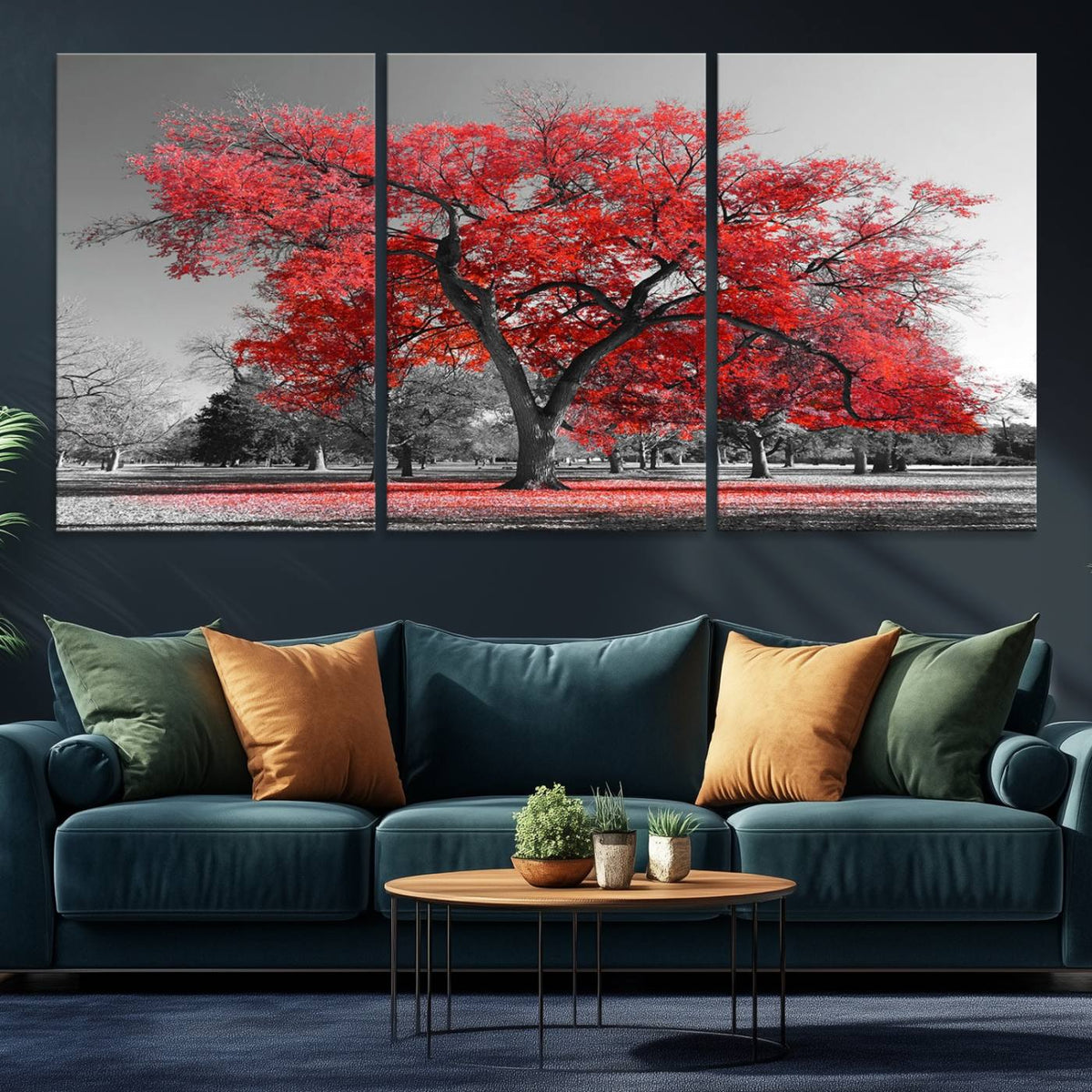 Red Autumn Tree Canvas Wall Art Print Autumn Art Black and