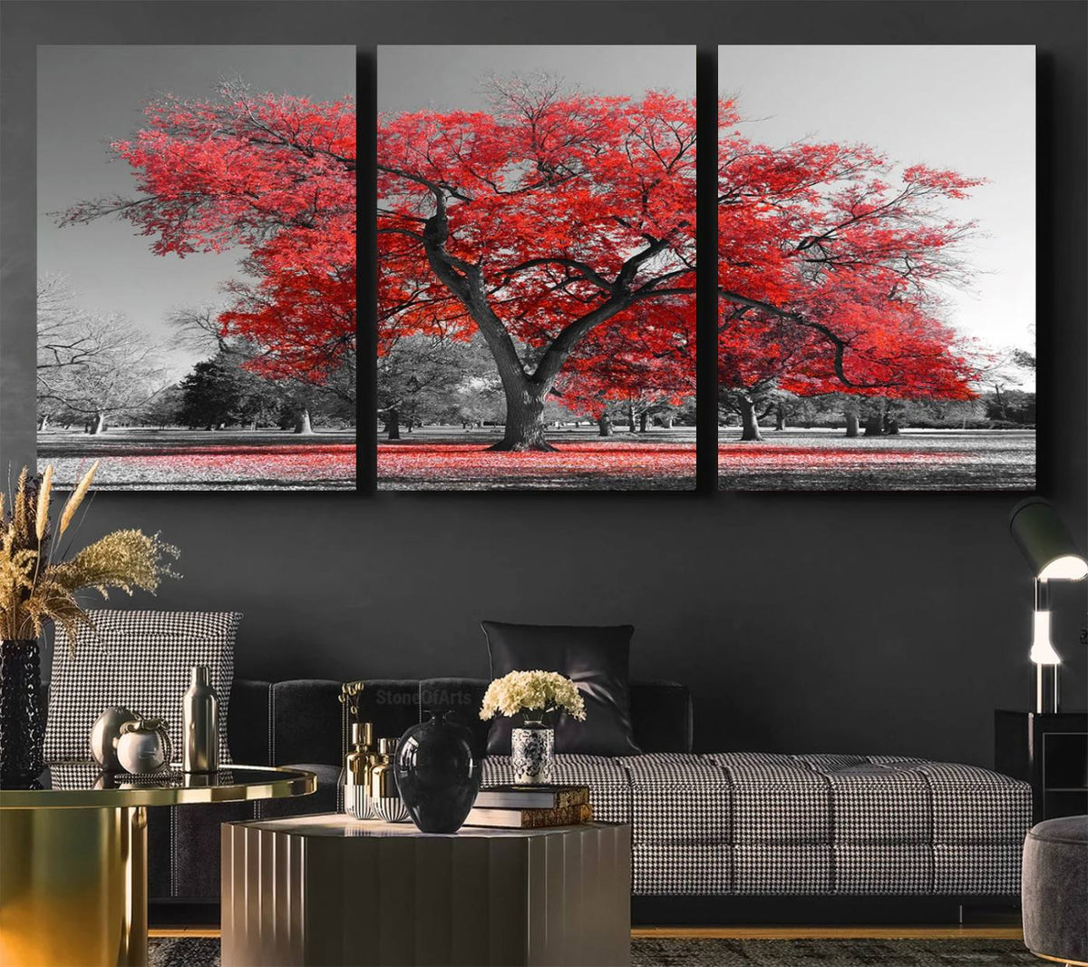 Red Autumn Tree Canvas Wall Art Print Autumn Art Black and
