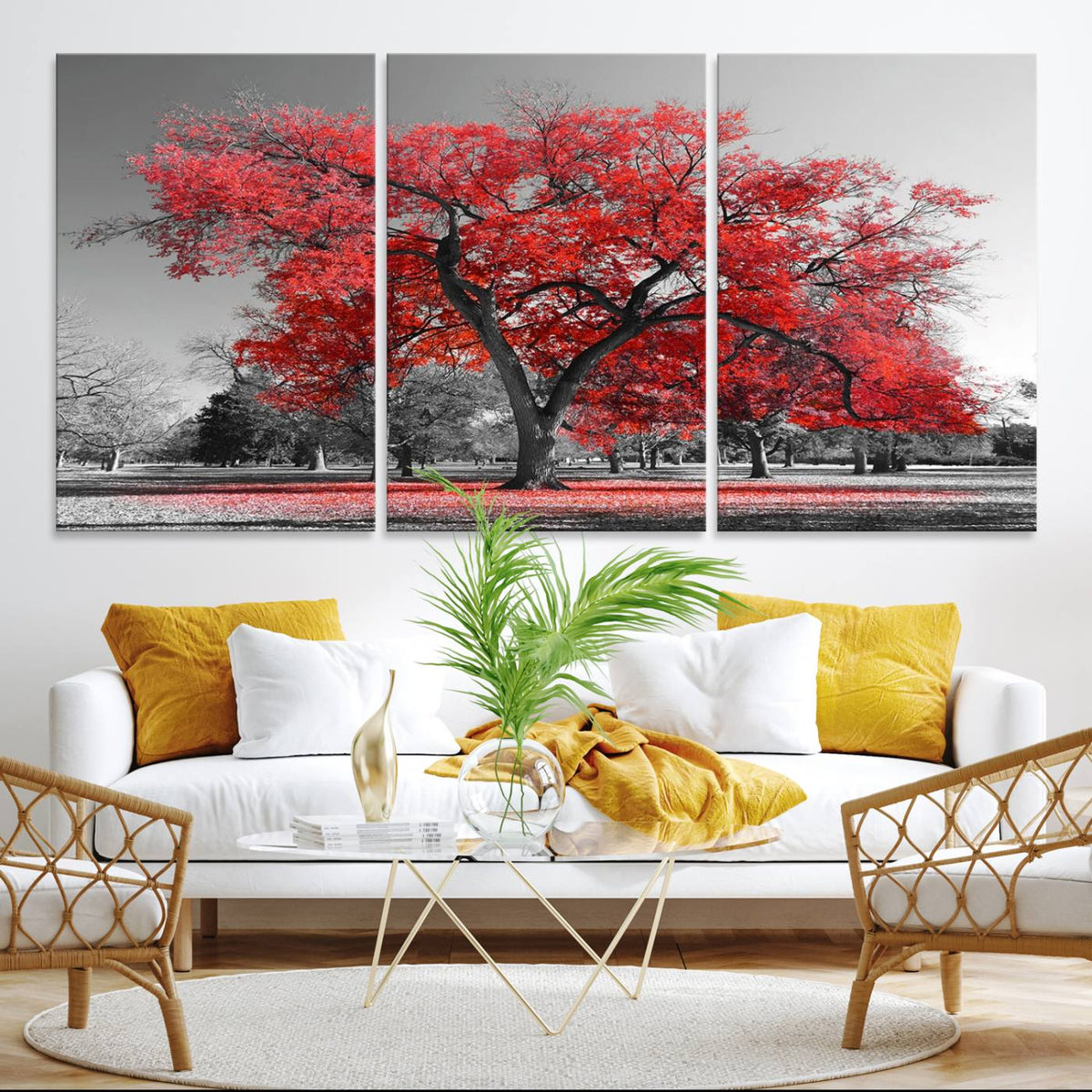Red Autumn Tree Canvas Wall Art Print Autumn Art Black and