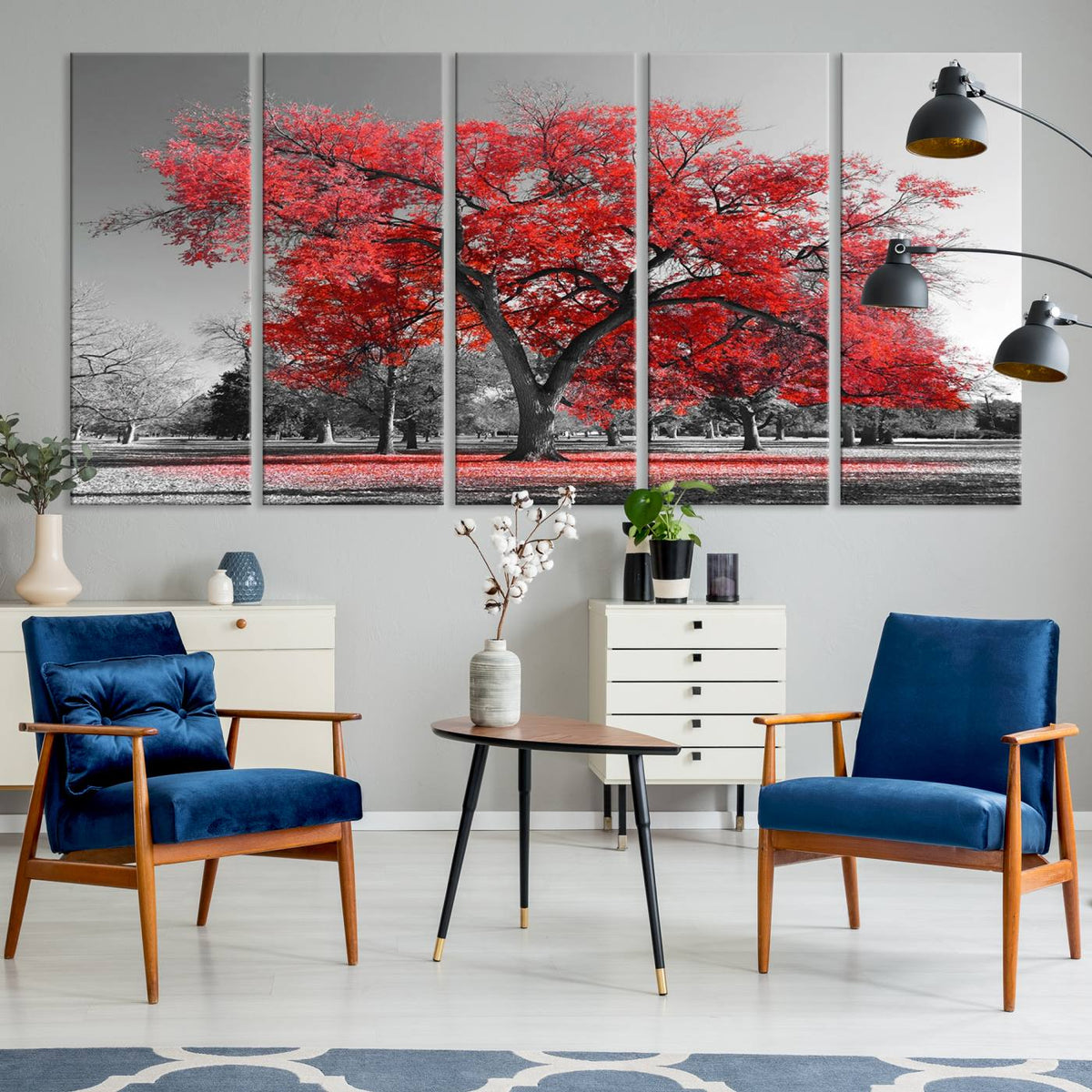 Red Autumn Tree Canvas Wall Art Print Autumn Art Black and