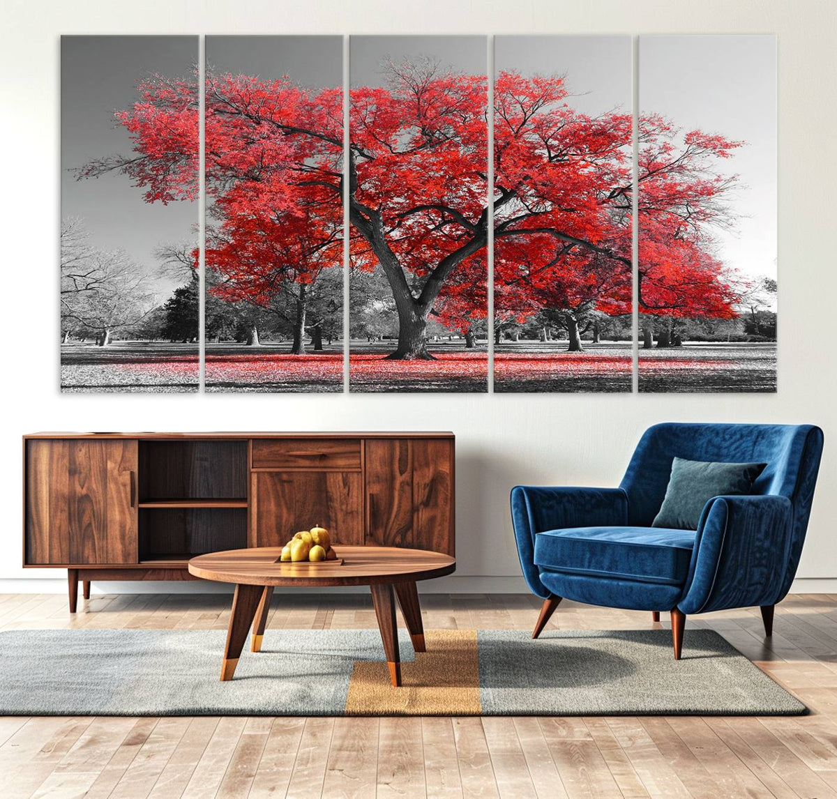 Red Autumn Tree Canvas Wall Art Print Autumn Art Black and