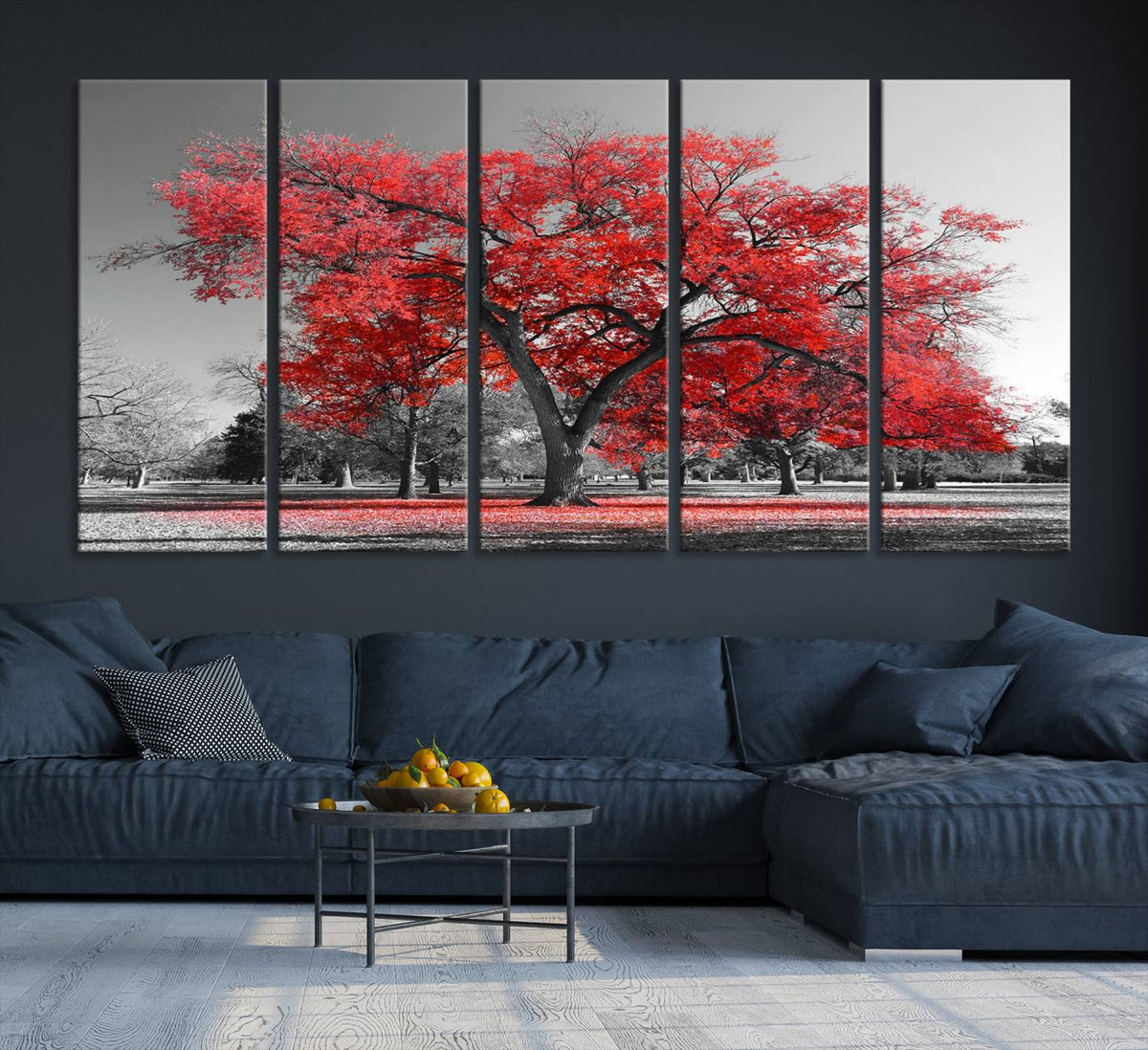 Red Autumn Tree Canvas Wall Art Print Autumn Art Black and