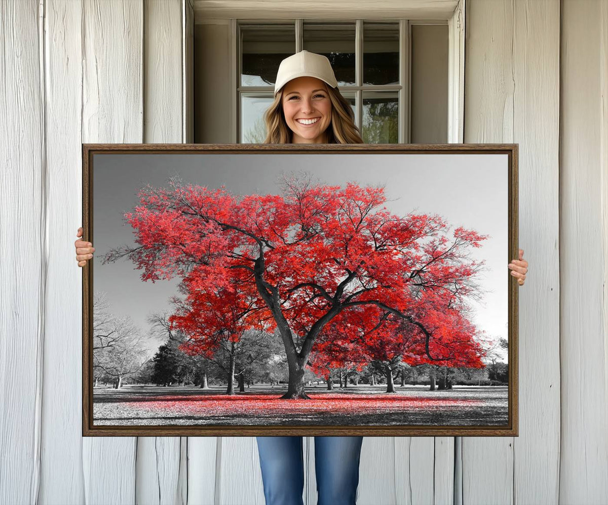 Red Autumn Tree Canvas Wall Art Print Autumn Art Black and