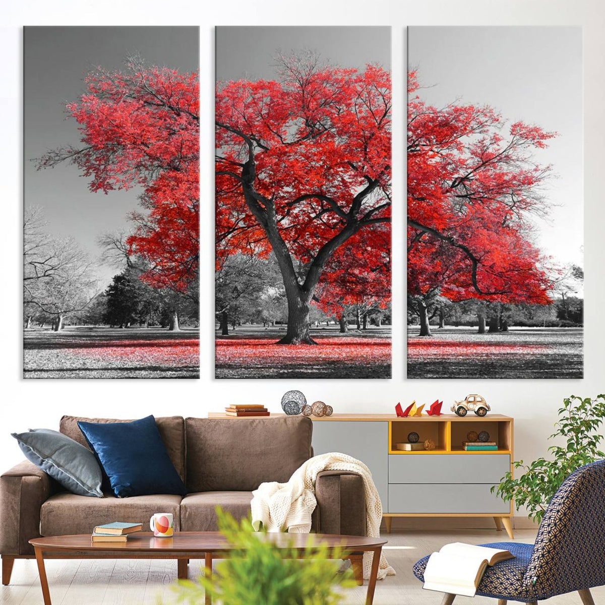 Red Autumn Tree Canvas Wall Art Print Autumn Art Black and