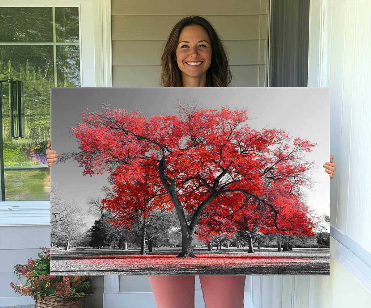 Red Autumn Tree Canvas Wall Art Print Autumn Art Black and