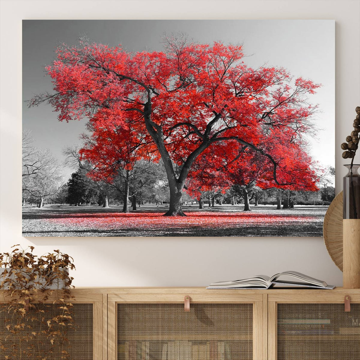 Red Autumn Tree Canvas Wall Art Print Autumn Art Black and