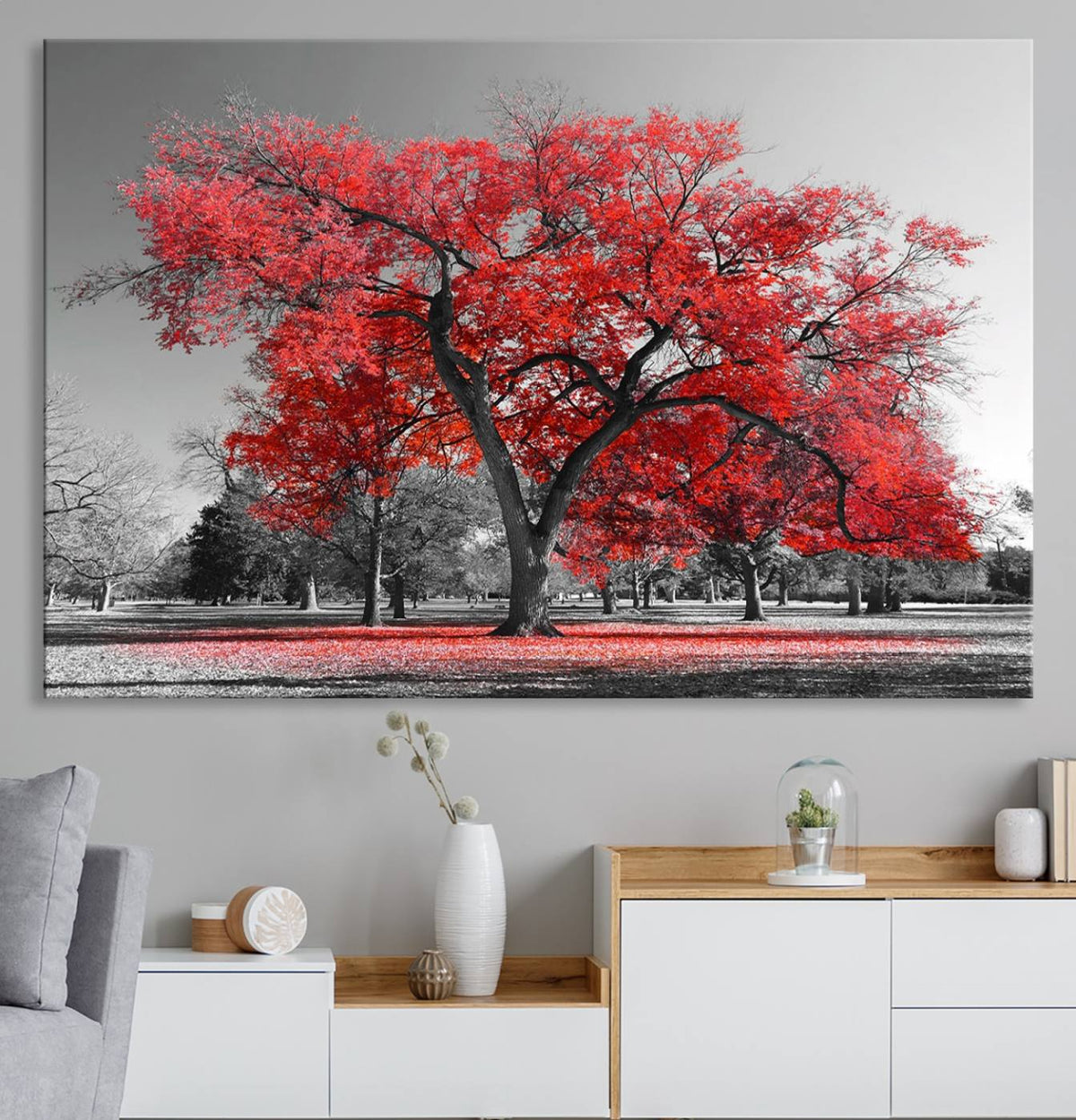 Red Autumn Tree Canvas Wall Art Print Autumn Art Black and