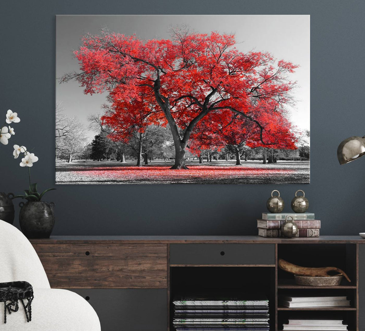 Red Autumn Tree Canvas Wall Art Print Autumn Art Black and