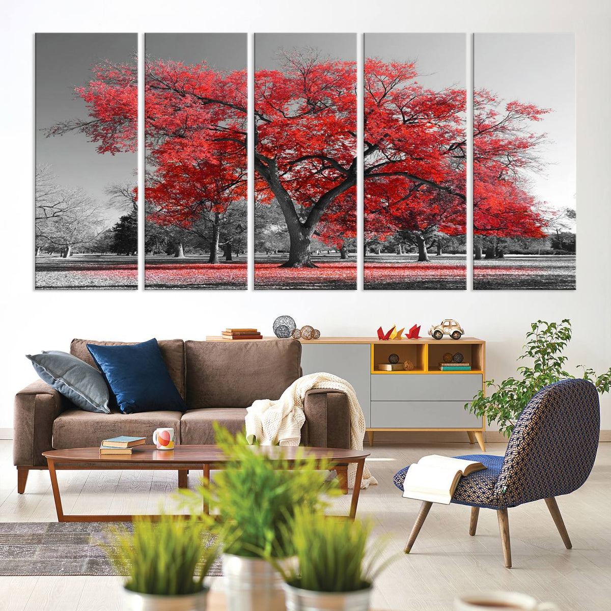 Red Autumn Tree Canvas Wall Art Print Autumn Art Black and