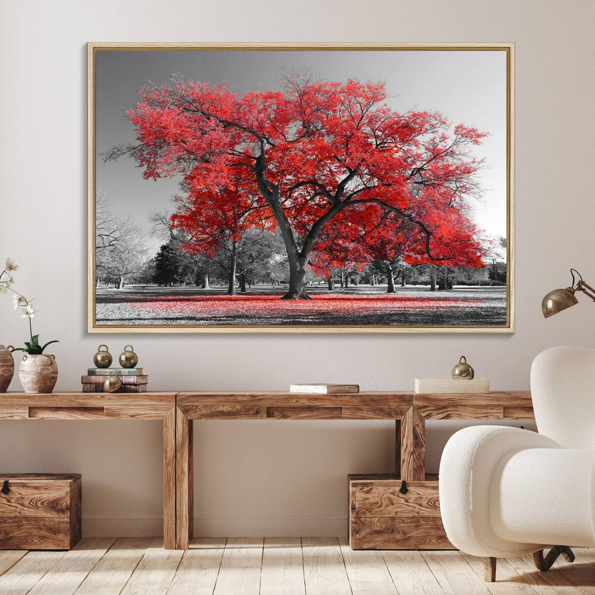 Red Autumn Tree Canvas Wall Art Print Autumn Art Black and