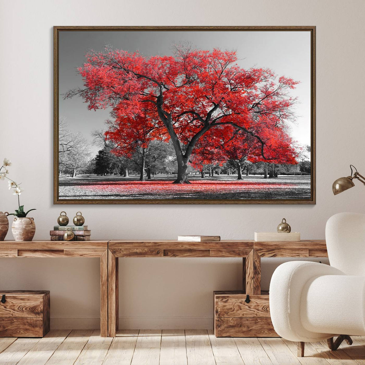 Red Autumn Tree Canvas Wall Art Print Autumn Art Black and
