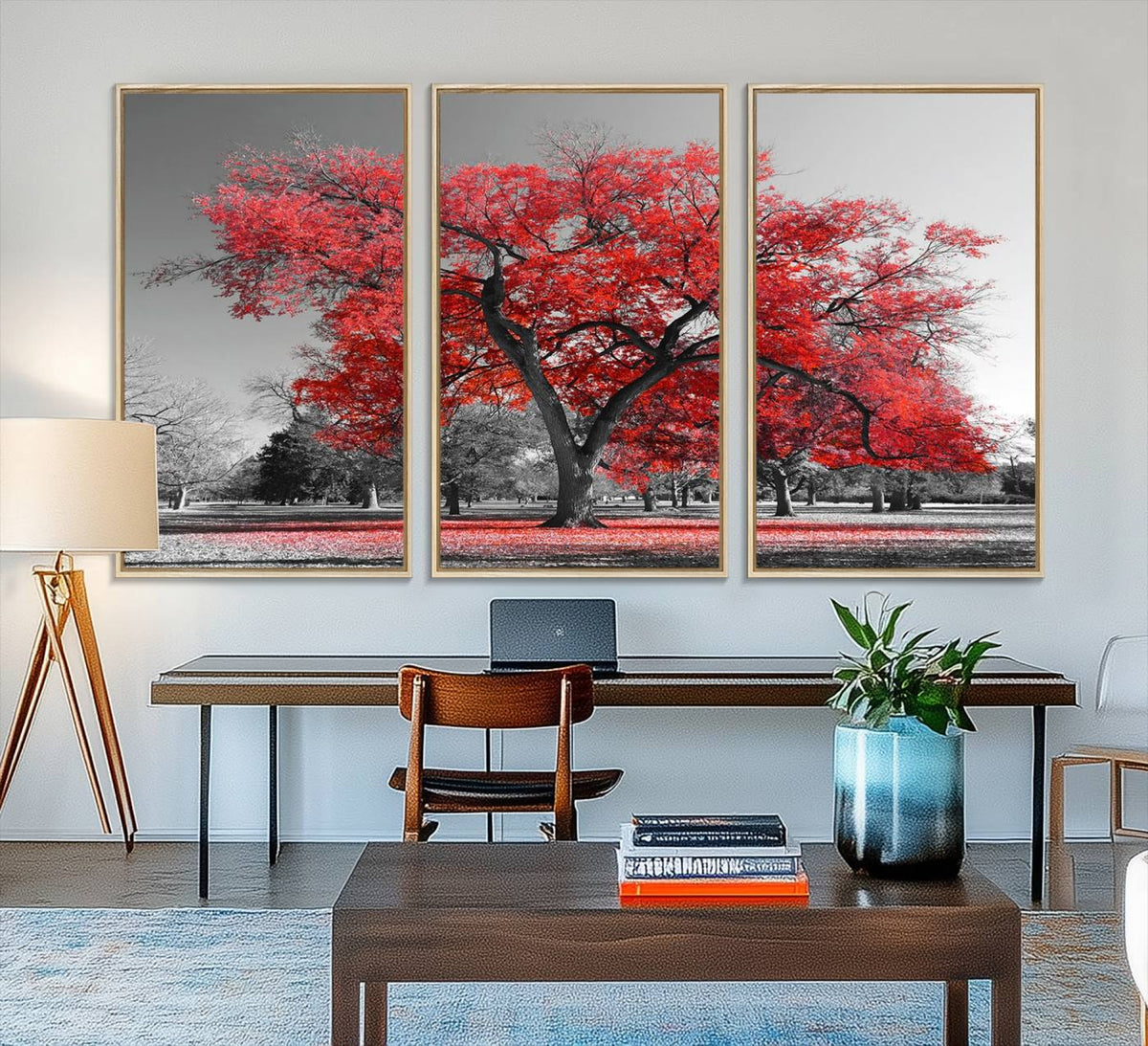 Red Autumn Tree Canvas Wall Art Print Autumn Art Black and