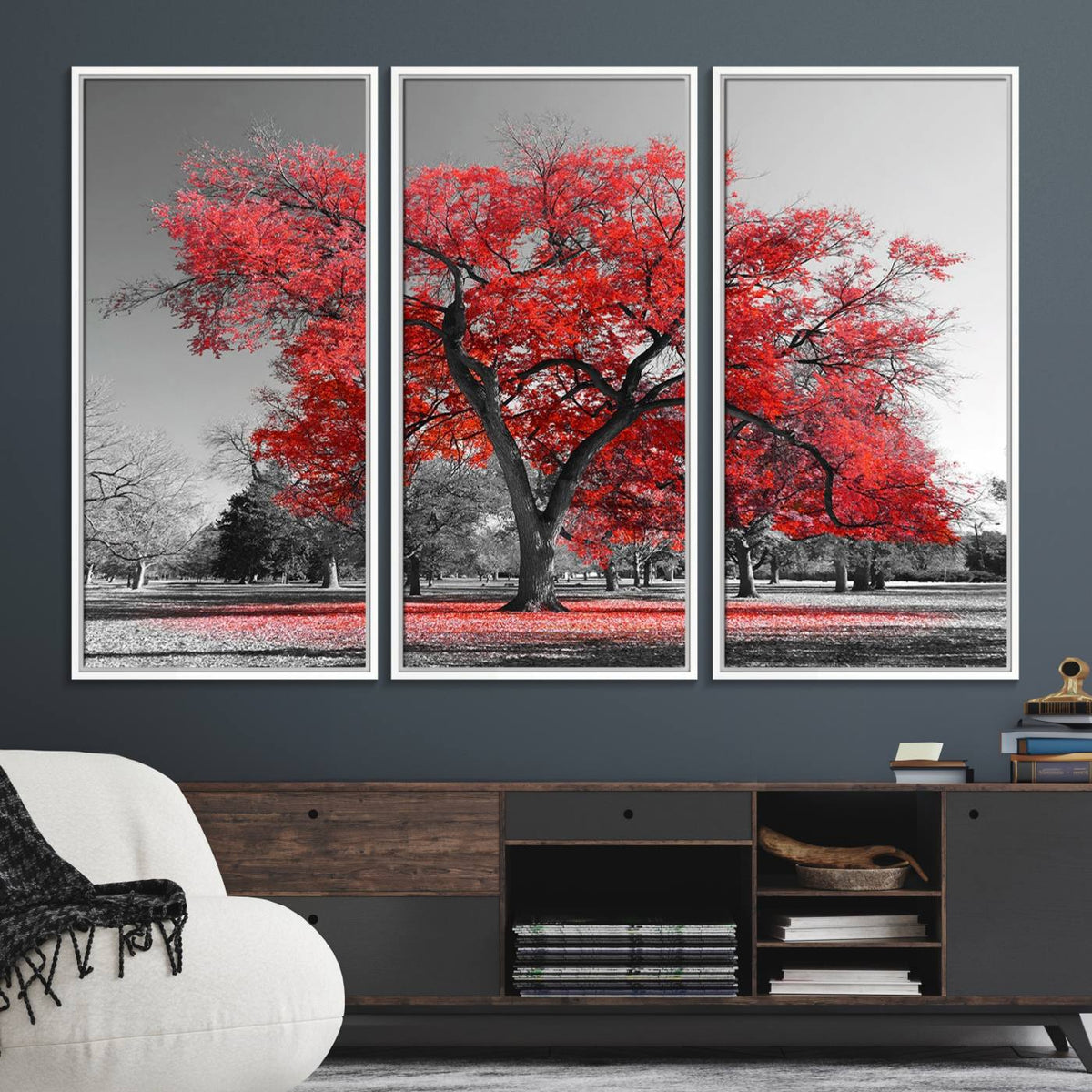 Red Autumn Tree Canvas Wall Art Print Autumn Art Black and