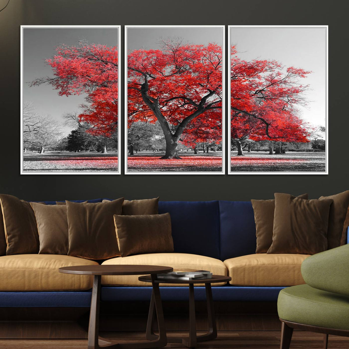Red Autumn Tree Canvas Wall Art Print Autumn Art Black and