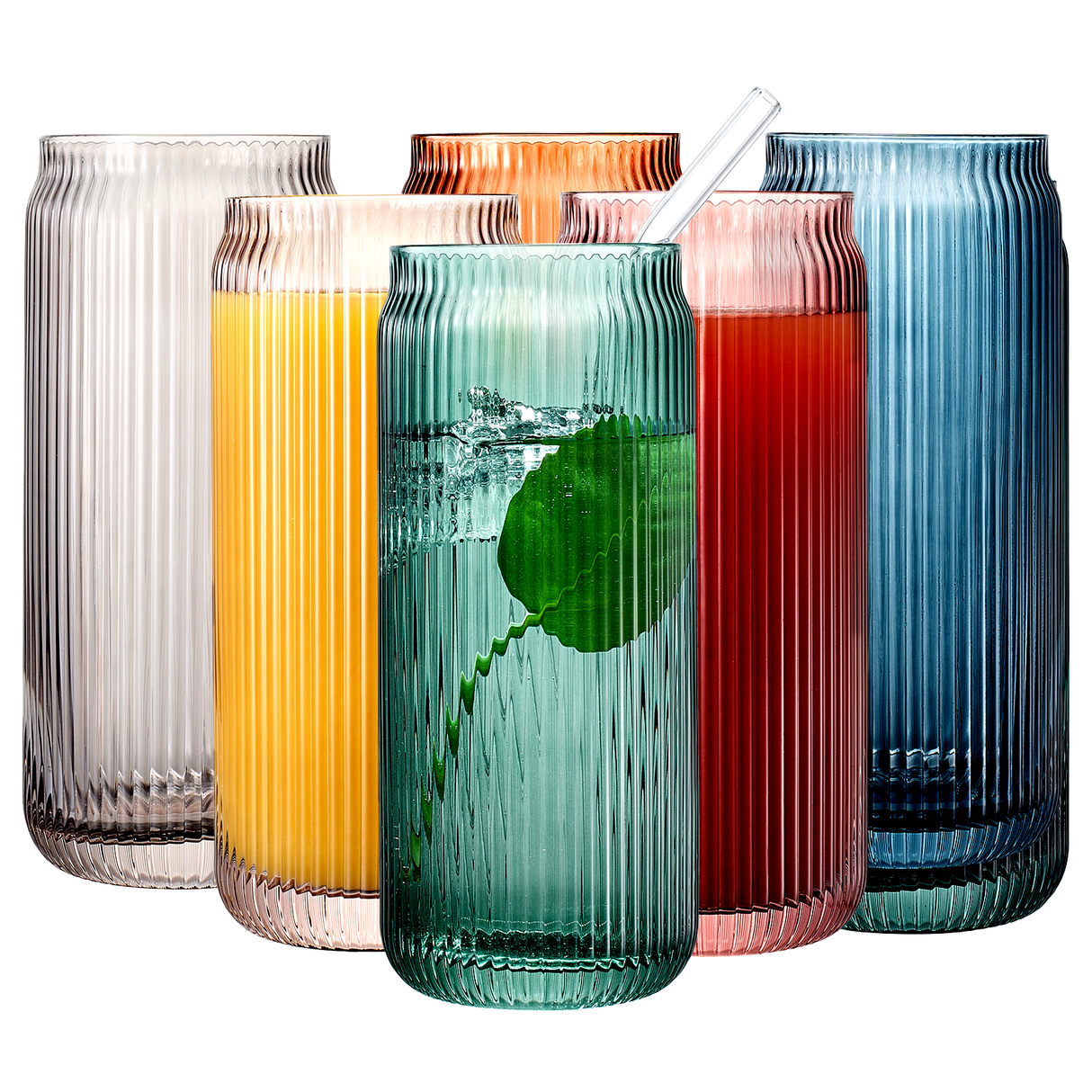 Tonal Ribbed Soda Can Highball Glassware & 6 Glass Straws, Set of 6