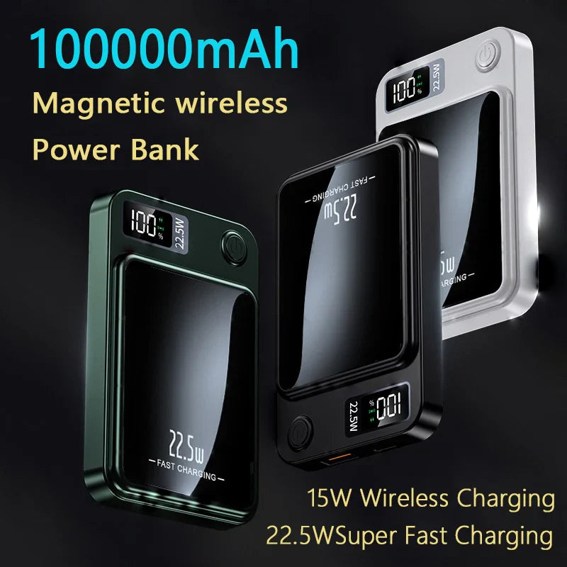 100000mAh Magnetic Wireless Power Bank 22.5W Fast Charging for iPhone & Samsung