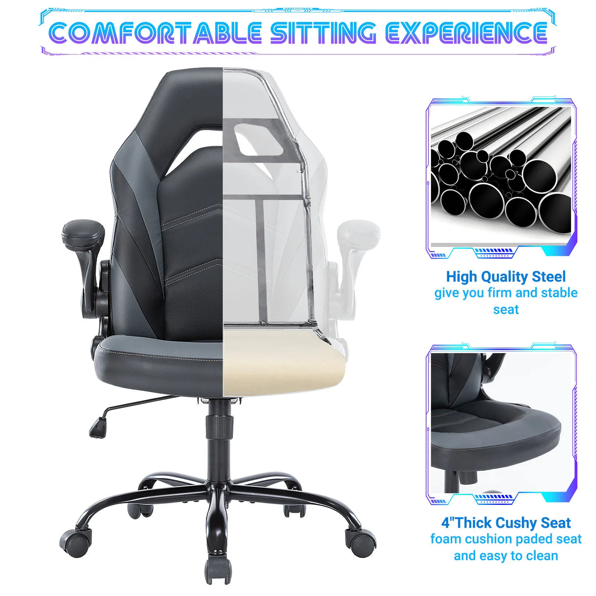 PU Leather Ergonomic Gaming Chair Flip-Up Armrests Adjustable Office Desk