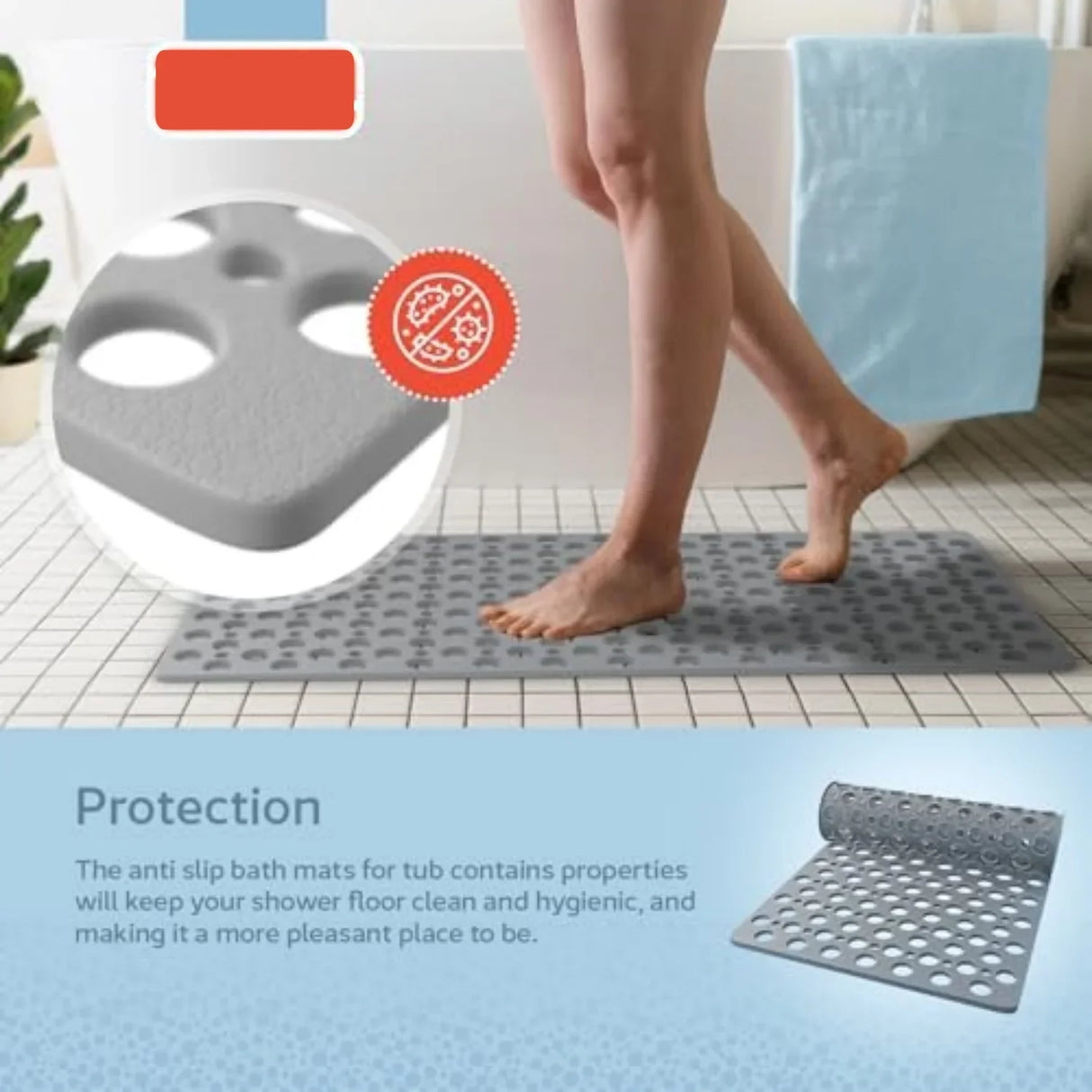 Non Slip Bathtub Shower Mat with Suction Cups Drain Holes 30x17 Inch