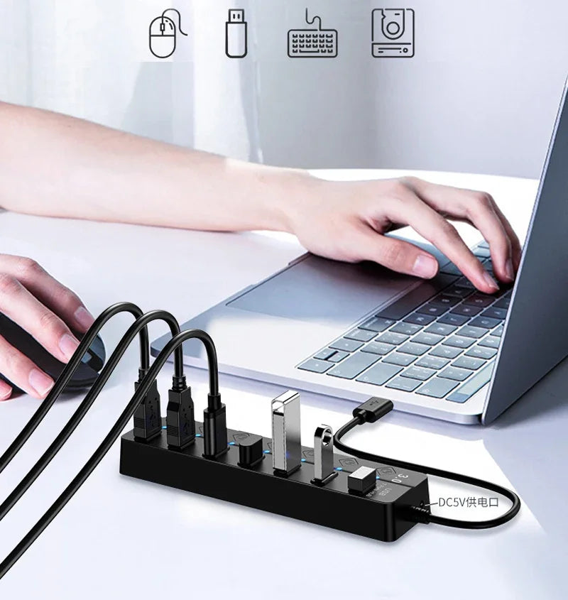 4/7-Port USB 3.0 Hub with LED Indicator Switch for Laptop Flash Drive Hard Disk