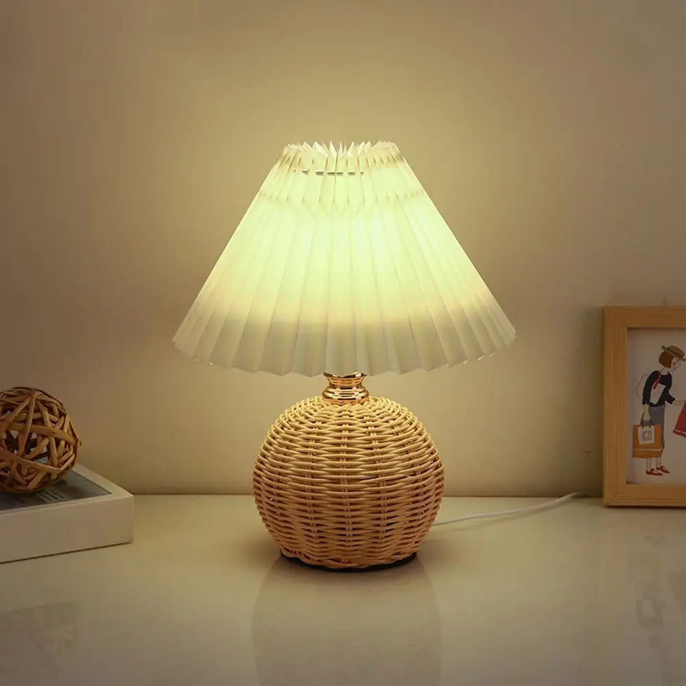 Pleated Fabric Bedside Table Lamp USB LED Light Retro Rattan Shade for Home Decor