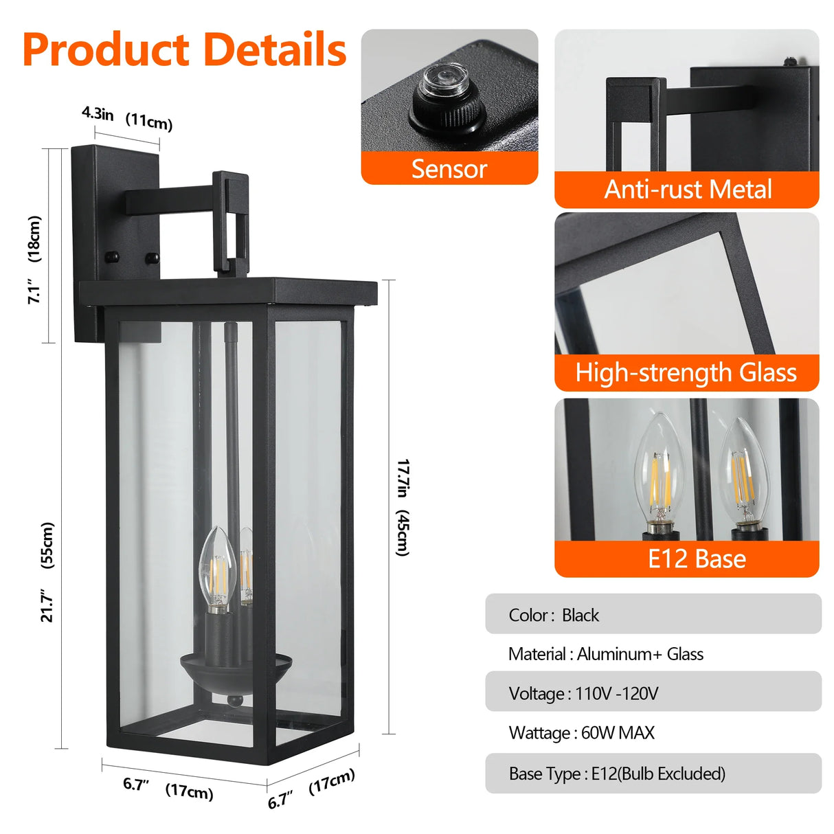 22" Outdoor Wall Lantern Dusk to Dawn Sensor Matte Black Weatherproof Exterior Light