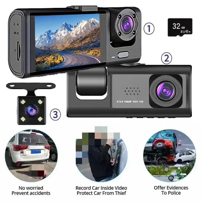 1080P Dash Cam with IR Night Vision and 3-Channel Recording