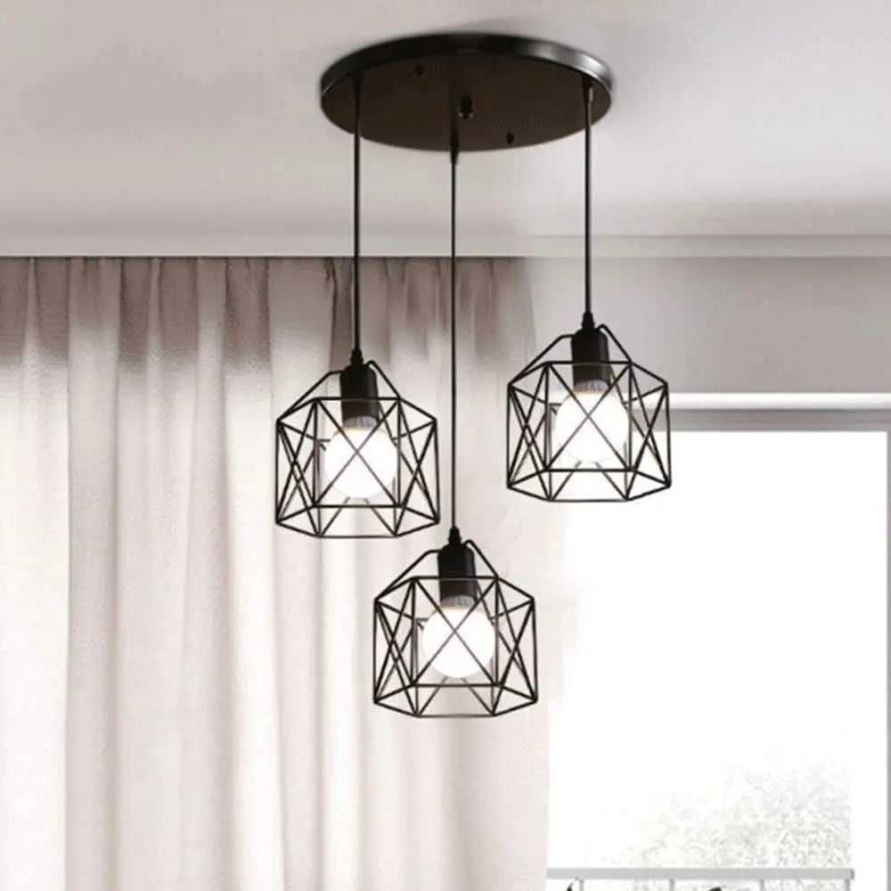Moktan Sabai Vintage 3-Head Pendant Lamp – Black Metal Ceiling Chandelier E27