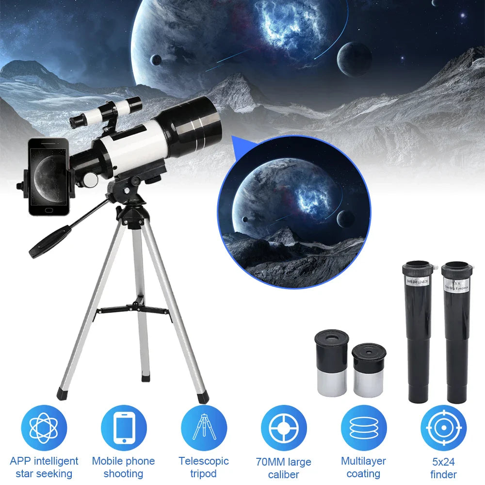 150X Astronomical Telescope 70mm Aperture Portable Refractor with Phone Adapter