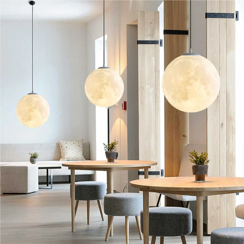 Moon Pendant Light LED Hanging Lamp E27 Modern Chandelier Bedroom Living Room