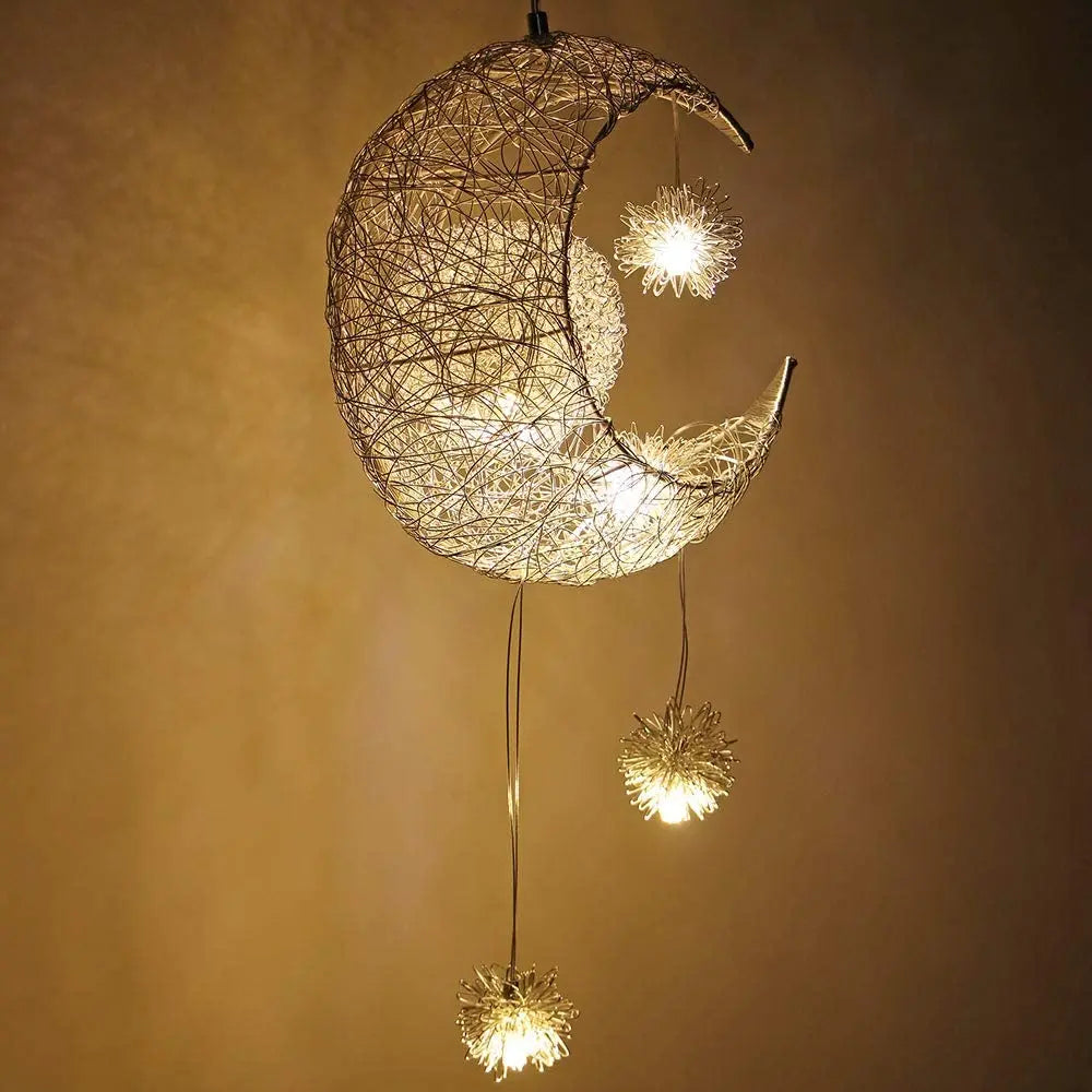 Modern Moon & Star Pendant Light LED Kids Bedroom Hanging Lamp Home Décor