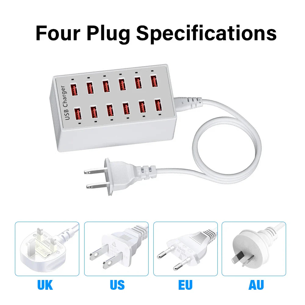 12 Port USB Charging Station Dock Fast Power Adapter for Phone Tablet Laptop