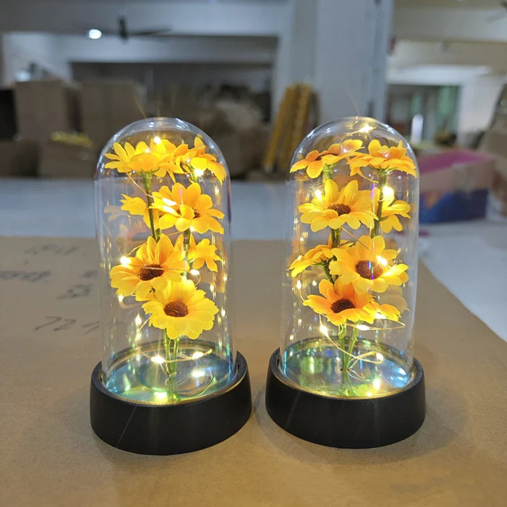Sunflower LED Glass Dome Night Light Artificial Flower Graduation Gift Home Decor