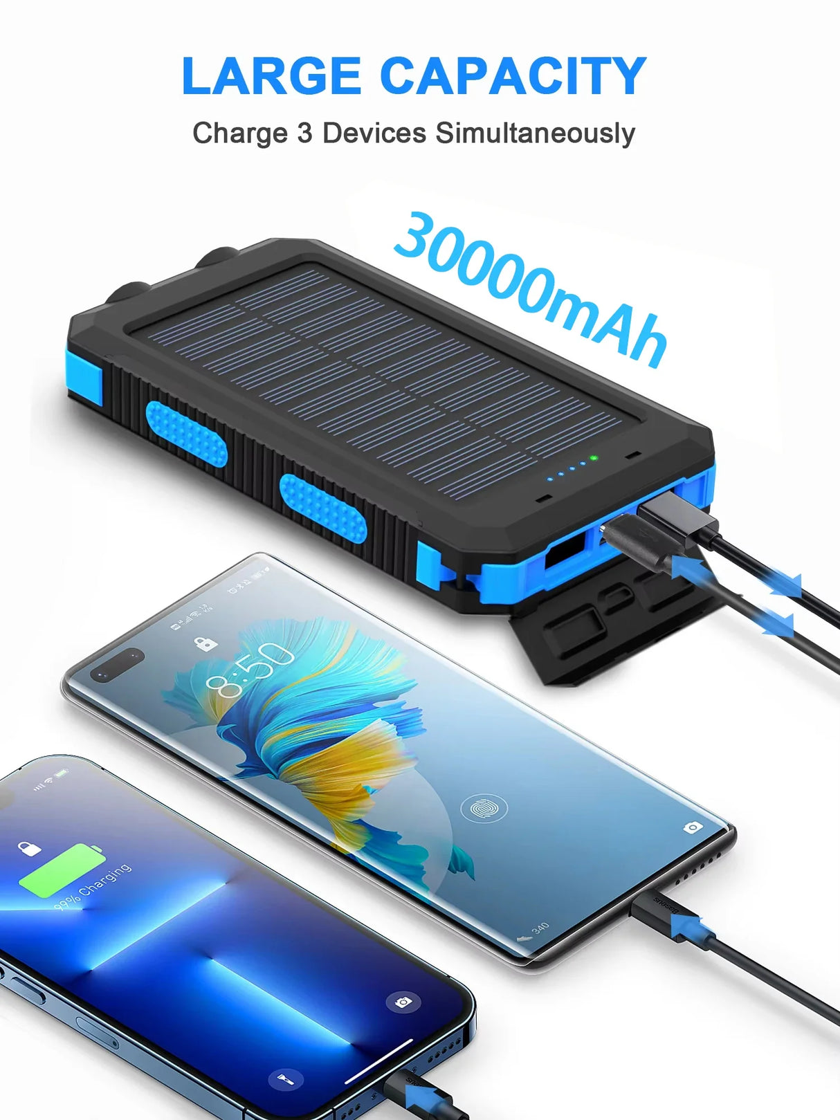Gaiaray 30000mAh Solar Power Bank Dual USB Waterproof LED Outdoor Travel Charger