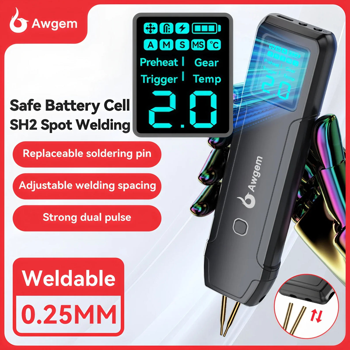 Awgem Portable Handheld Spot Welder DIY Adjustable 90 Gears for 18650 Battery