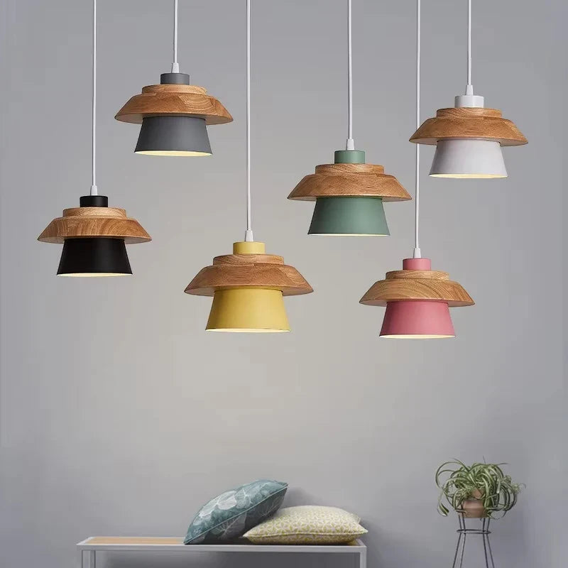 Modern Wood Pendant Light Nordic Macaron Hanging Lamp for Living Room Bedside Decor