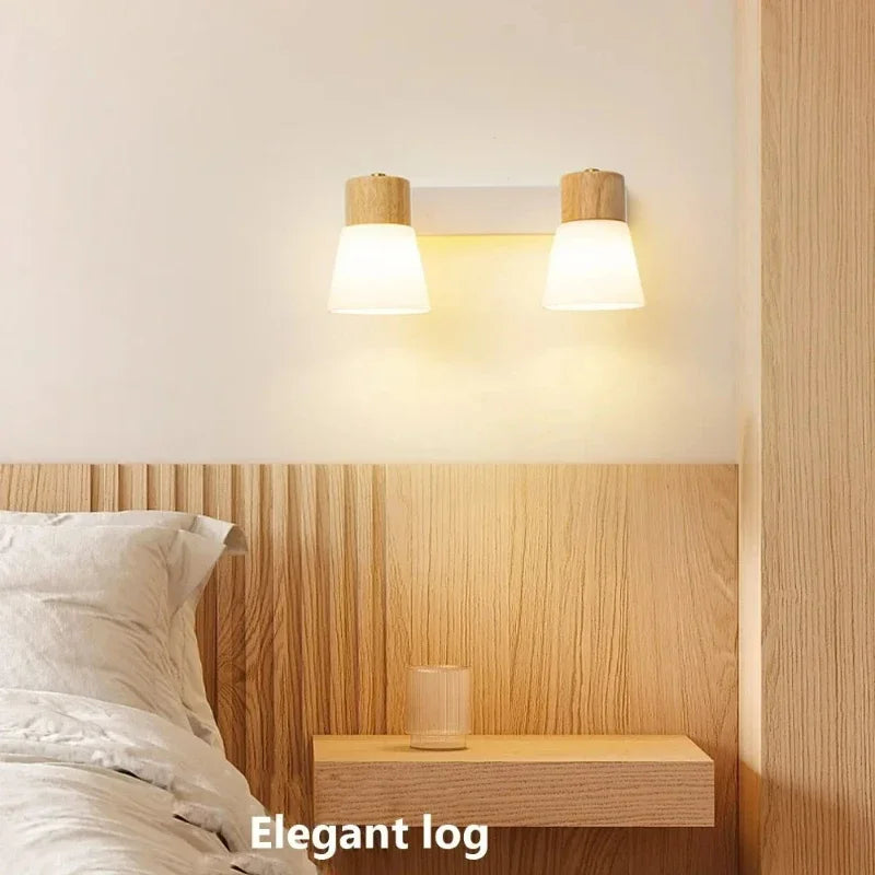 Minimalist Wooden Wall Lamp Double Head Glass Bedside Sconce Bedroom