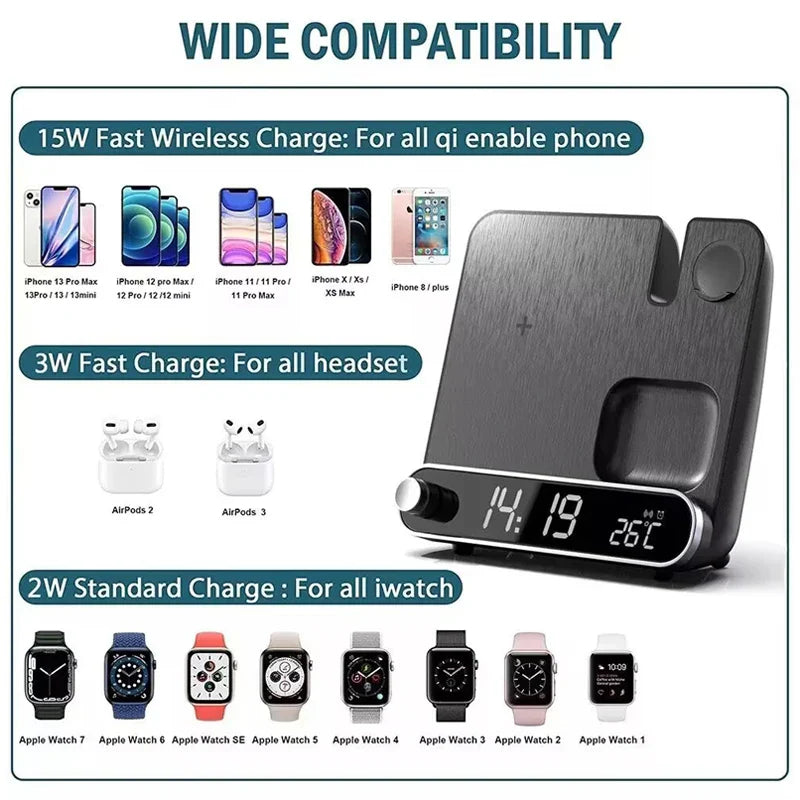3-in-1 Wireless Charging Station with Alarm Clock Fast Charger for iPhone & Watch