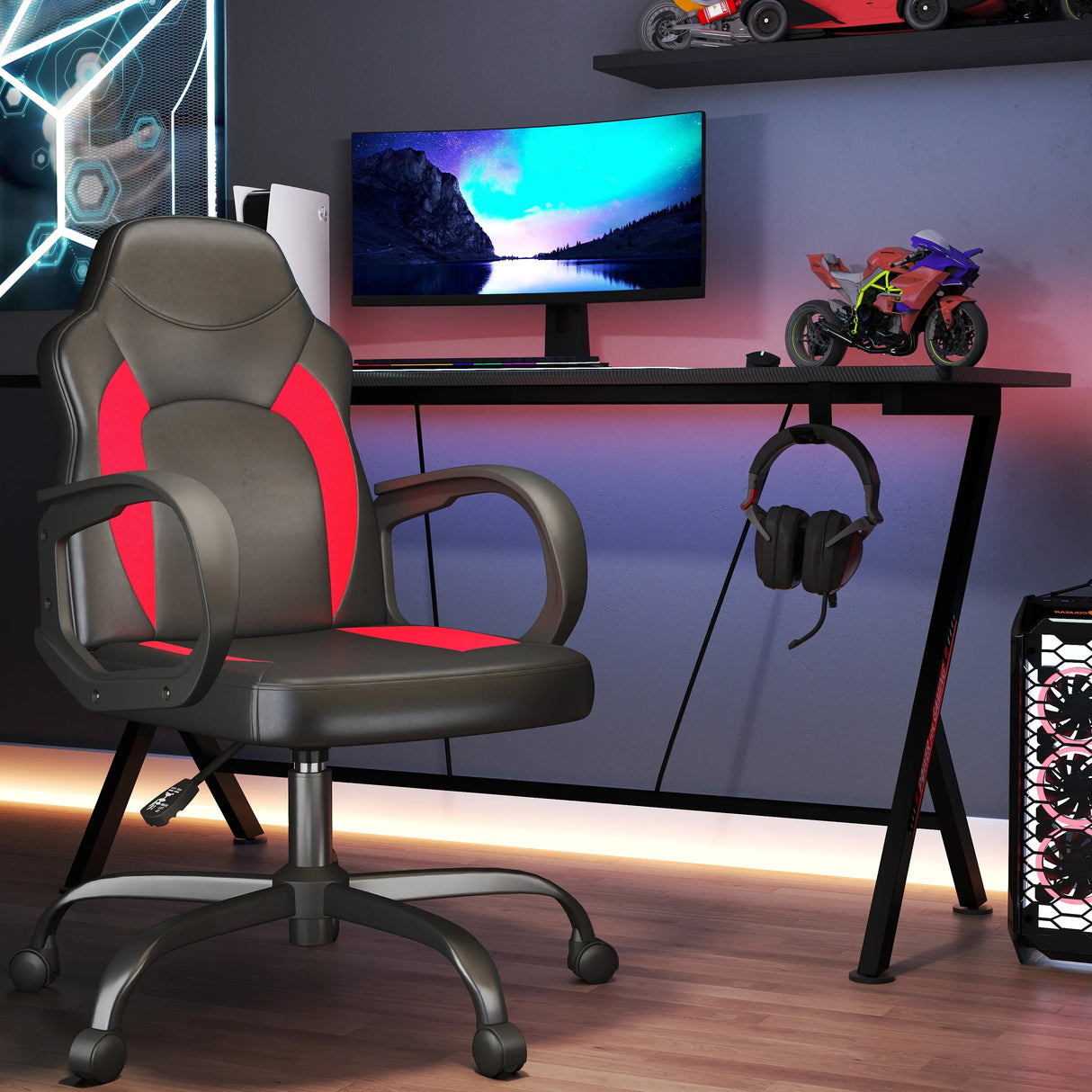 Ergonomic PU Leather Gaming Chair Swivel Adjustable Office Desk Chair Red