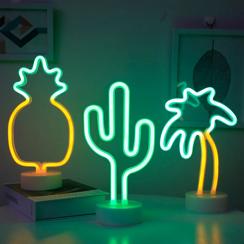 Neon Night Light USB Battery Table Lamp Flamingo Cactus Room Decor for Bedroom