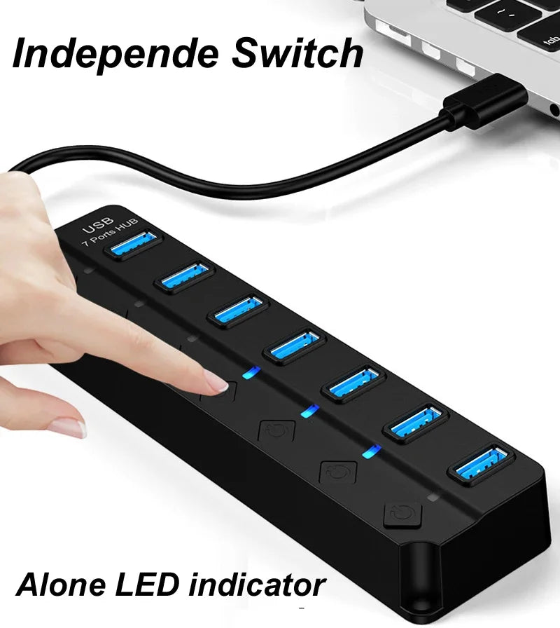 4/7-Port USB 3.0 Hub with LED Indicator Switch for Laptop Flash Drive Hard Disk